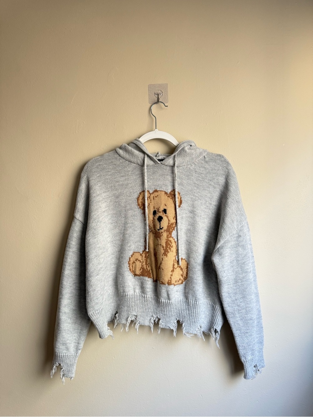 Just Polly Teddy Bear Knit Hoodie Sweater Gray Distressed Women’s Size L